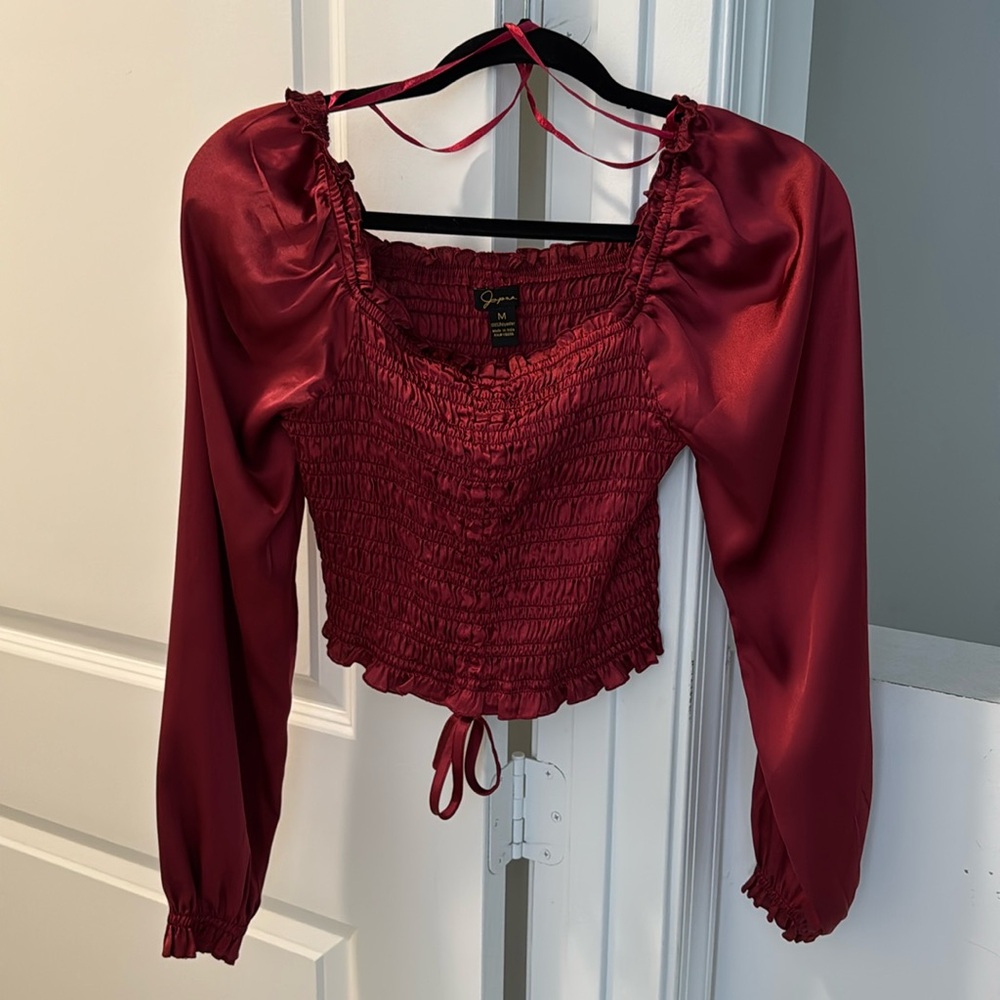 Japna Red Puff Sleeve Smocked Blouse